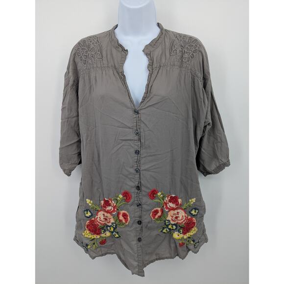 Johnny Was 100% Cotton Gray Embroidered Floral Button Front Tunic Top Size M - Picture 1 of 6